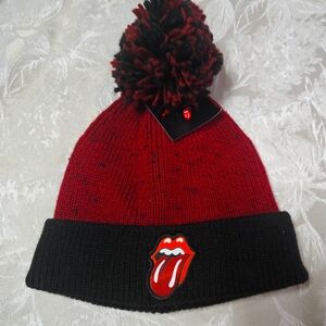 The Rolling Stones Pom Beanie Winter Hat Classic Tongue Logo NEW Red & Black